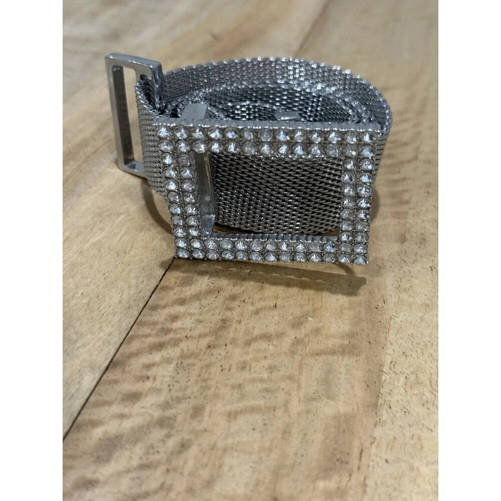 Vintage Mesh Belt Silver Tone Rhinestone Buckle Size Small- Medium Belt